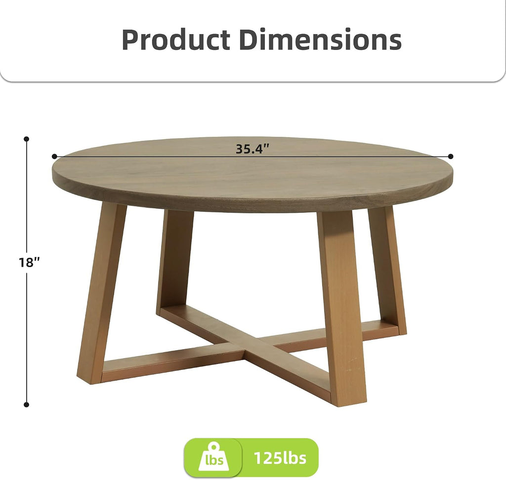 Indoor Round Coffee Table with 35.5' Woodgrain Finish Table Top, Outdoor Metal Modern Side Table 125lbs for Backyard Porch Balcony Living Room, Brown