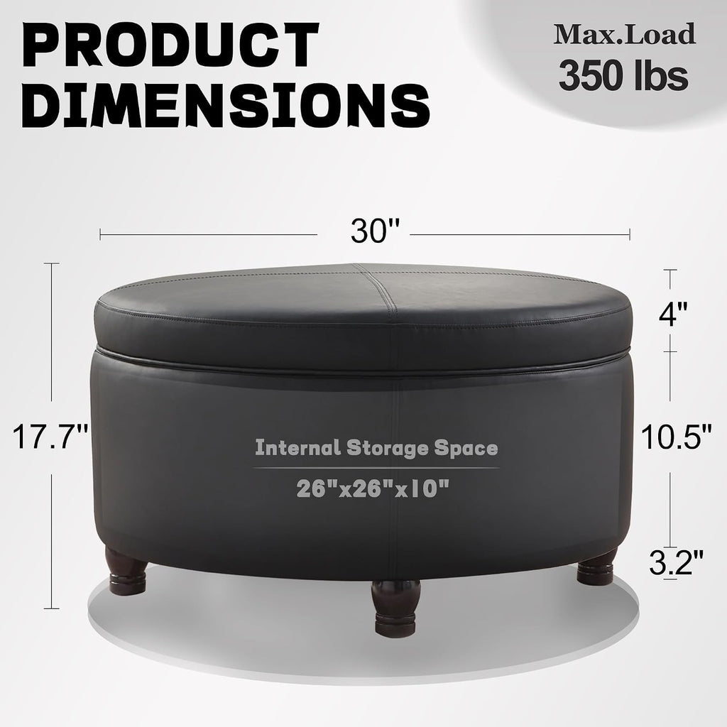 30-Inch Round Storage Ottoman, Modern Ottoman Coffee Table with Removable Top for Living Room, Bedroom, Office (Black)