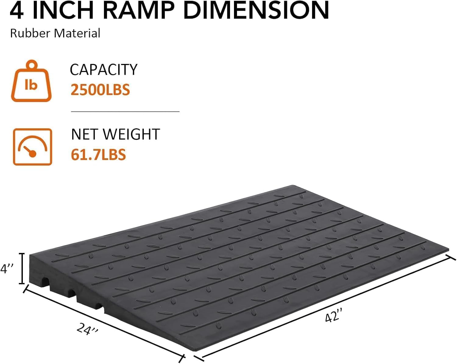 Rubber Threshold Ramp, 4' Rise Threshold Ramp Doorway, 3 Channels Cord Cover Solid Wheelchair Ramp, Rubber Angled Entry Rated 2500 Lbs Load Capacity for Doorways, Wheelchair, Scooter, Cars