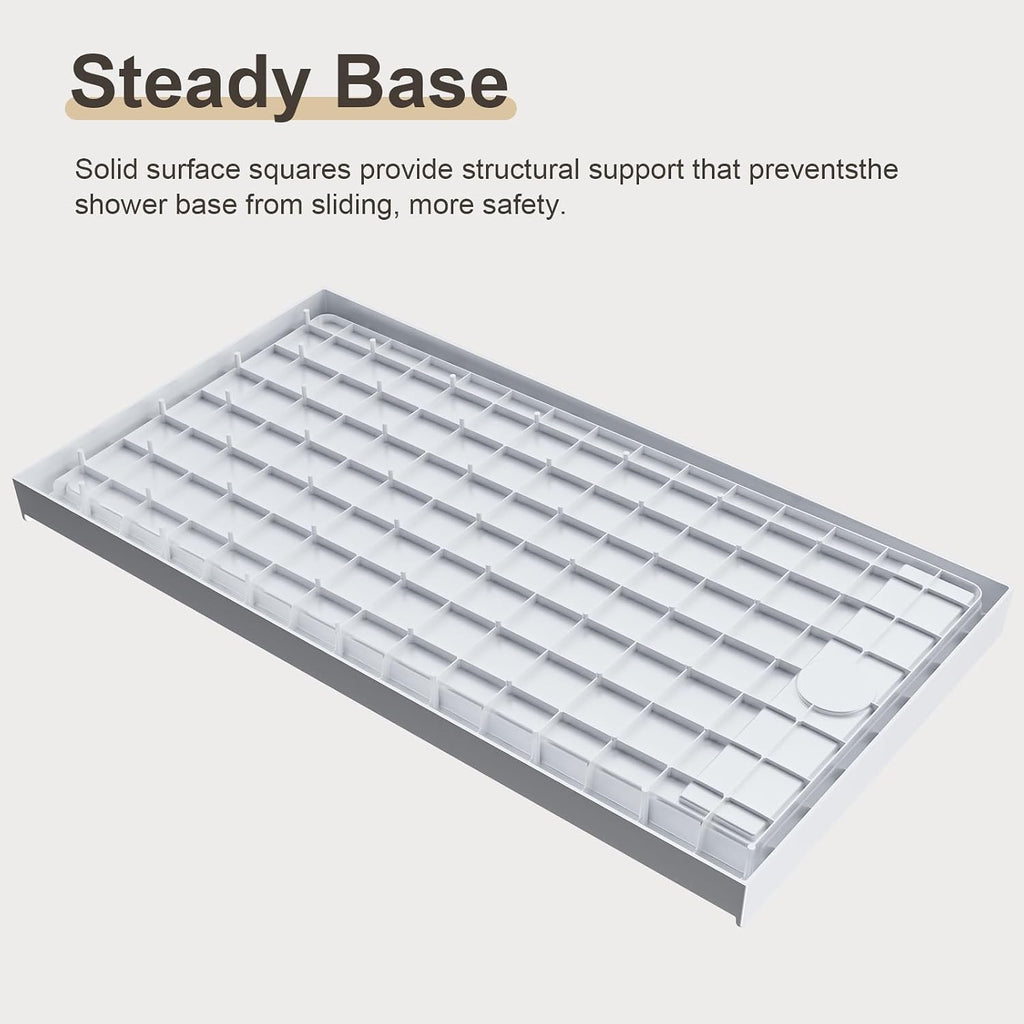 60' x 32' Shower Base Non-Slip SMC Shower Pan with Left Drain, White Bathroom Shower Tray Kit, 304 Stainless Steel Square Drain Cover, Single Threshold Floor for Easy Installation