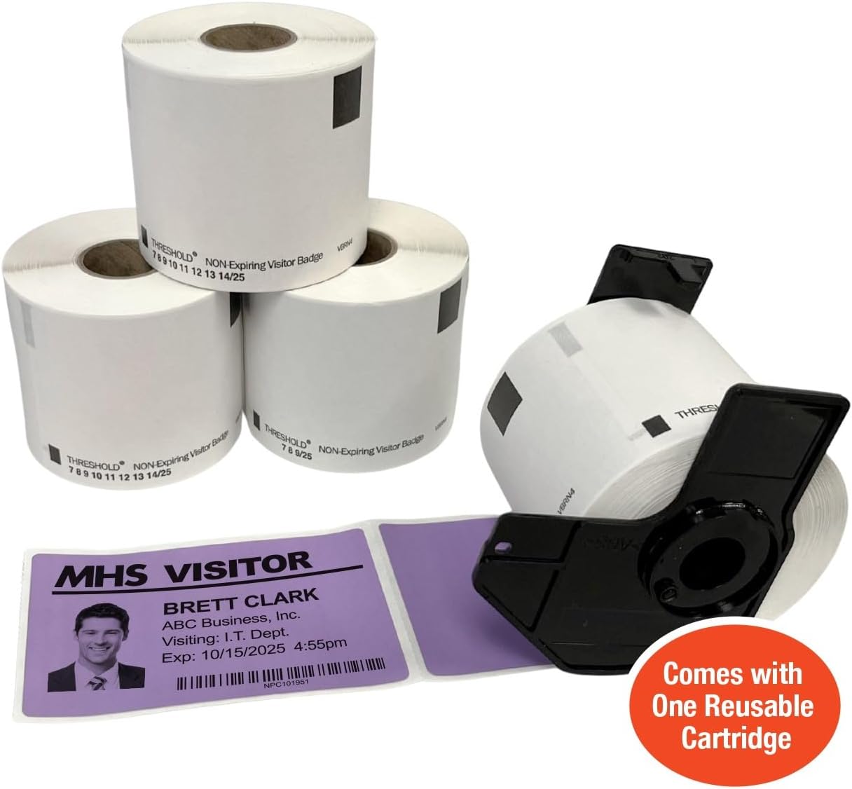 Threshold 4-Inch Visitor Badges on a Roll | 4 Rolls (1,000 Badges) Compatible with Brother Direct Thermal Printers | Name Tag Stickers | Hospital, Office & Secretary Supplies | Visiting Badge (Purple)