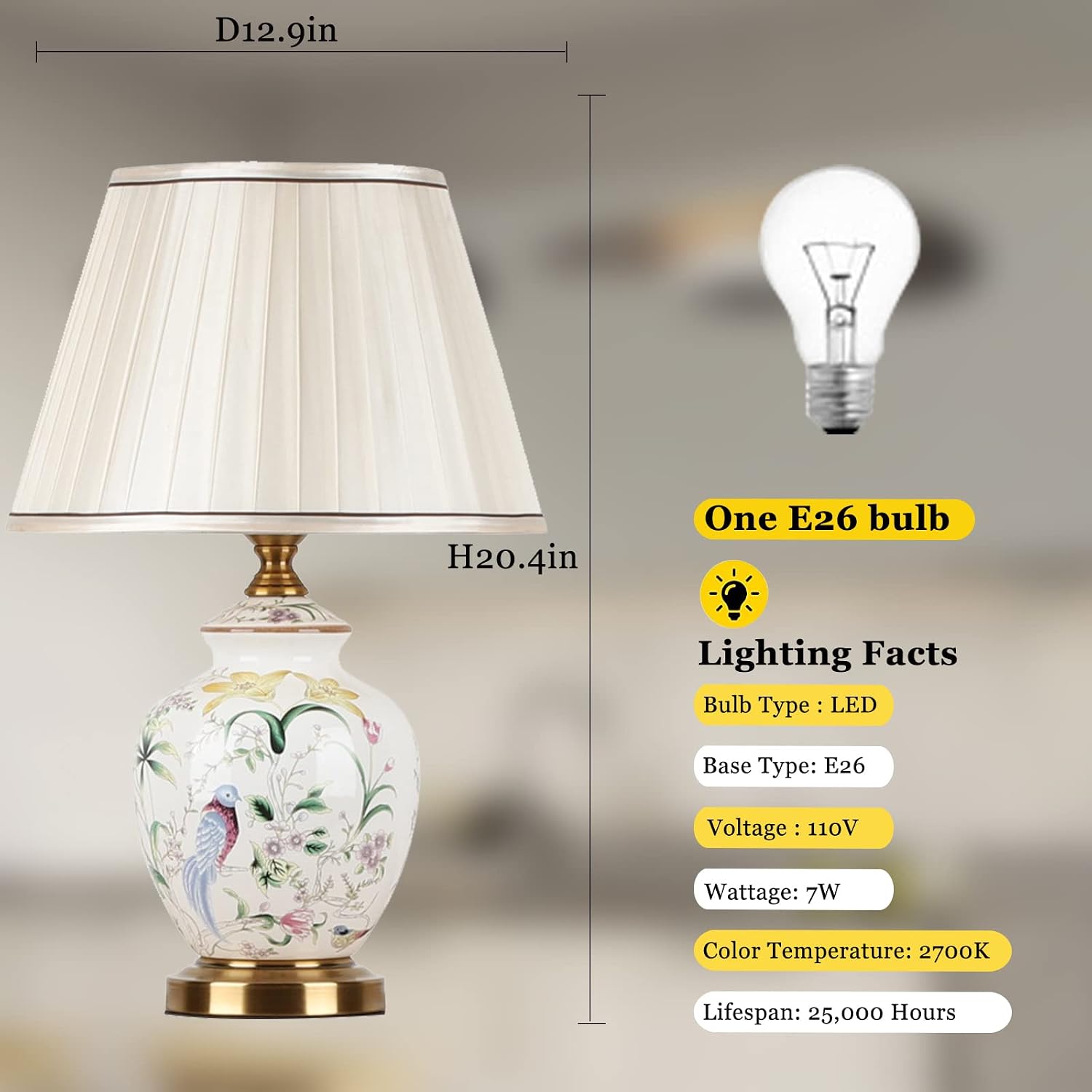 Chinoiserie Ceramic Table Lamp, American Flower&Bird LED Bedside Lamp, Classic White Fabric Lampshade Desk Nightstand Lamp for Bedroom Living Room Office College Bookcase