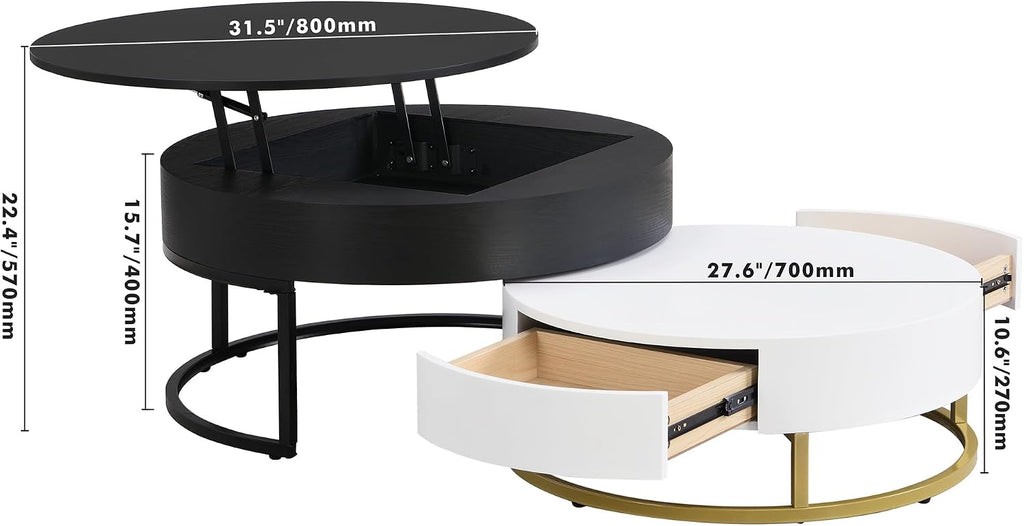 Modern Round Lift-top Nesting Coffee Tables with 2 Drawers White & Black