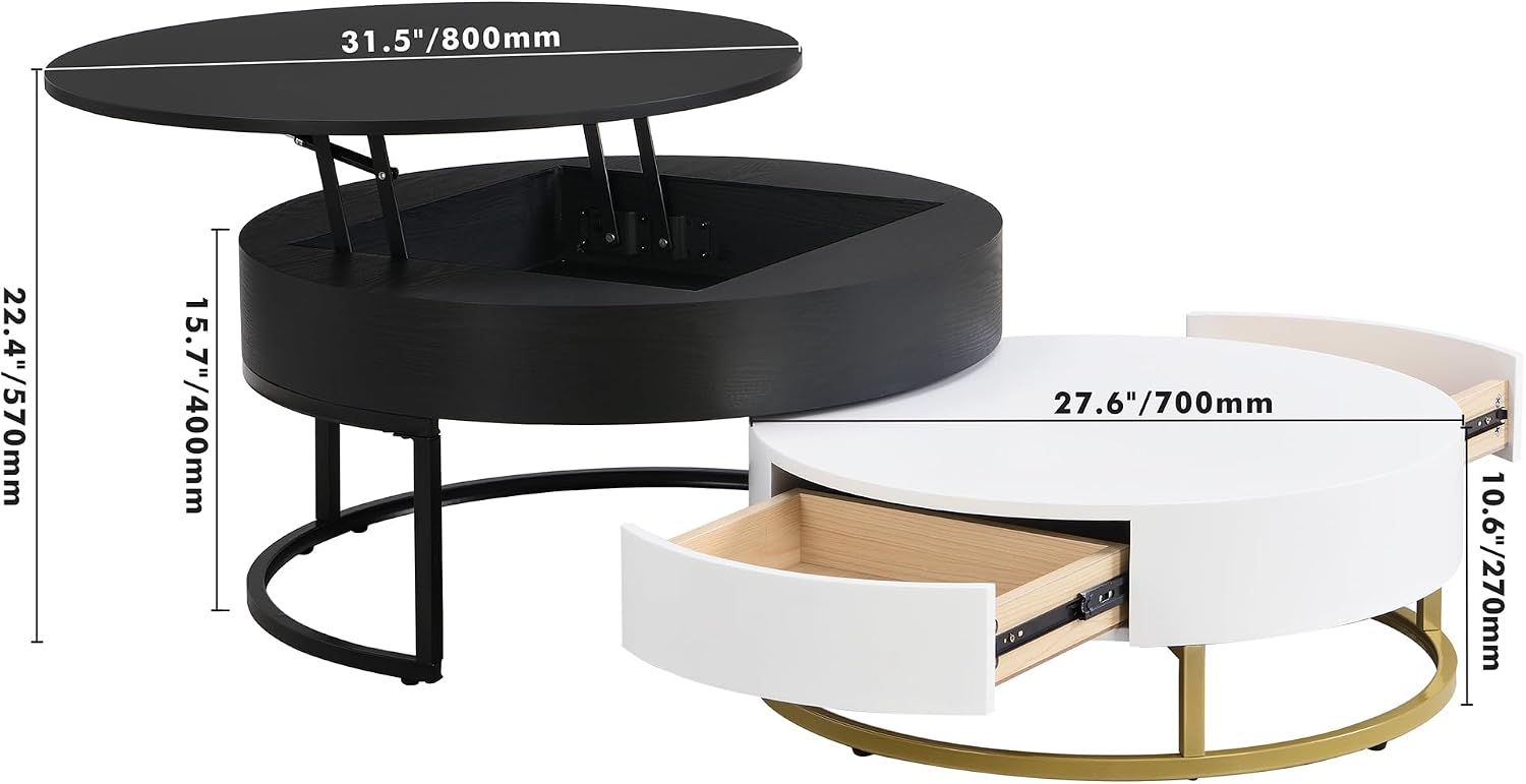 Modern Round Lift-top Nesting Coffee Tables with 2 Drawers White & Black