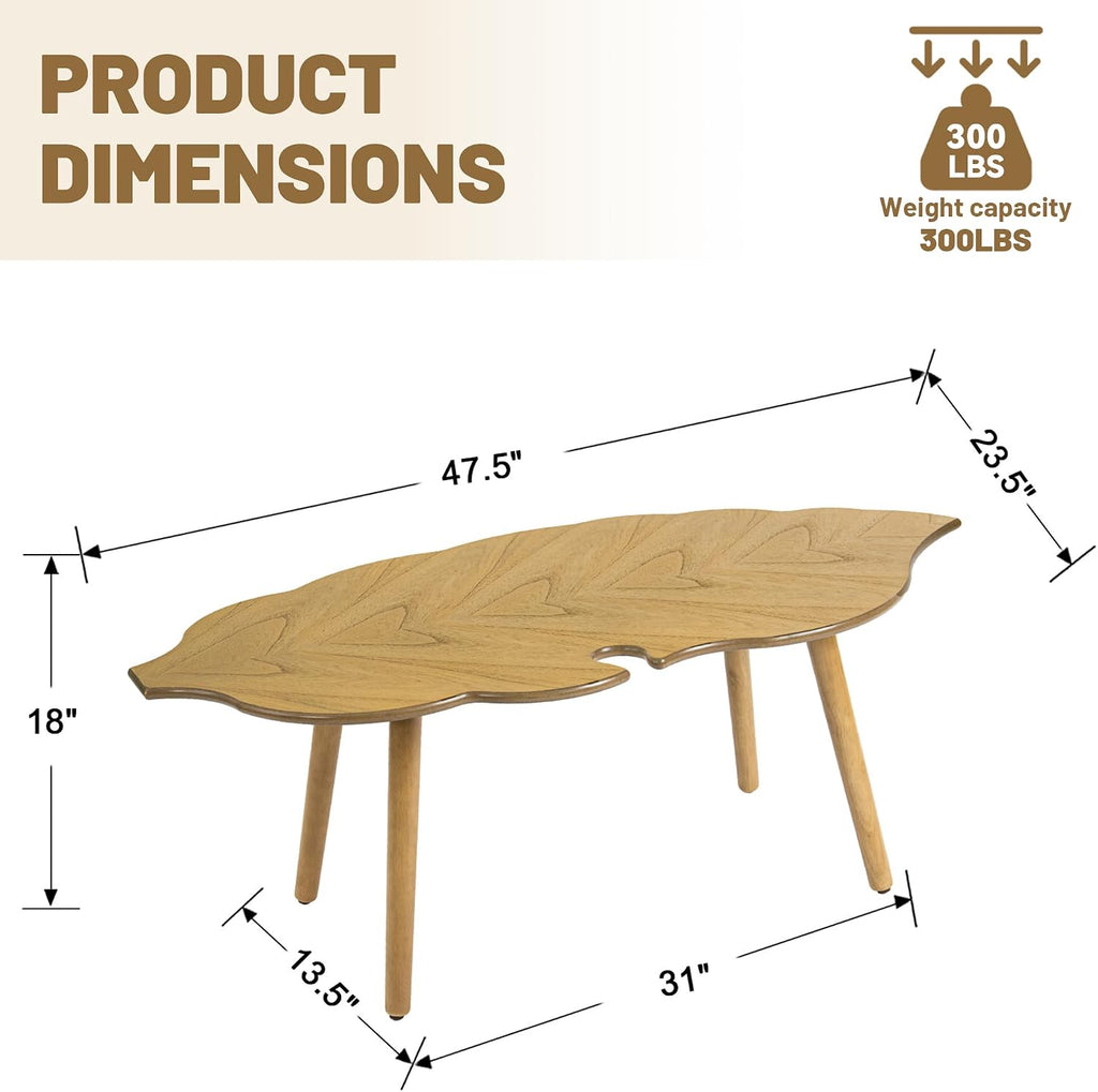 HNY Modern Coffee Table for Living Room, Natural Wood Coffee Table Farmhouse Center Table Vivid Leaf Table End Table with Rustic Grain Side Table with Wood Leg for Bedroom Office Cafe Small Space