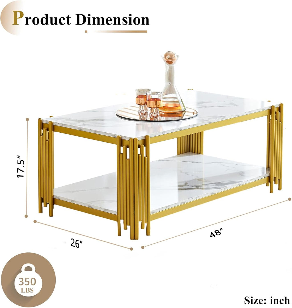 48' Rectangle White Marble Coffee Table Luxury 2-Tier Center Coffee Table with Golden Metal Frame Modern Living Room Table Elegant Accent Cocktail Tea Table with Storage Shelves
