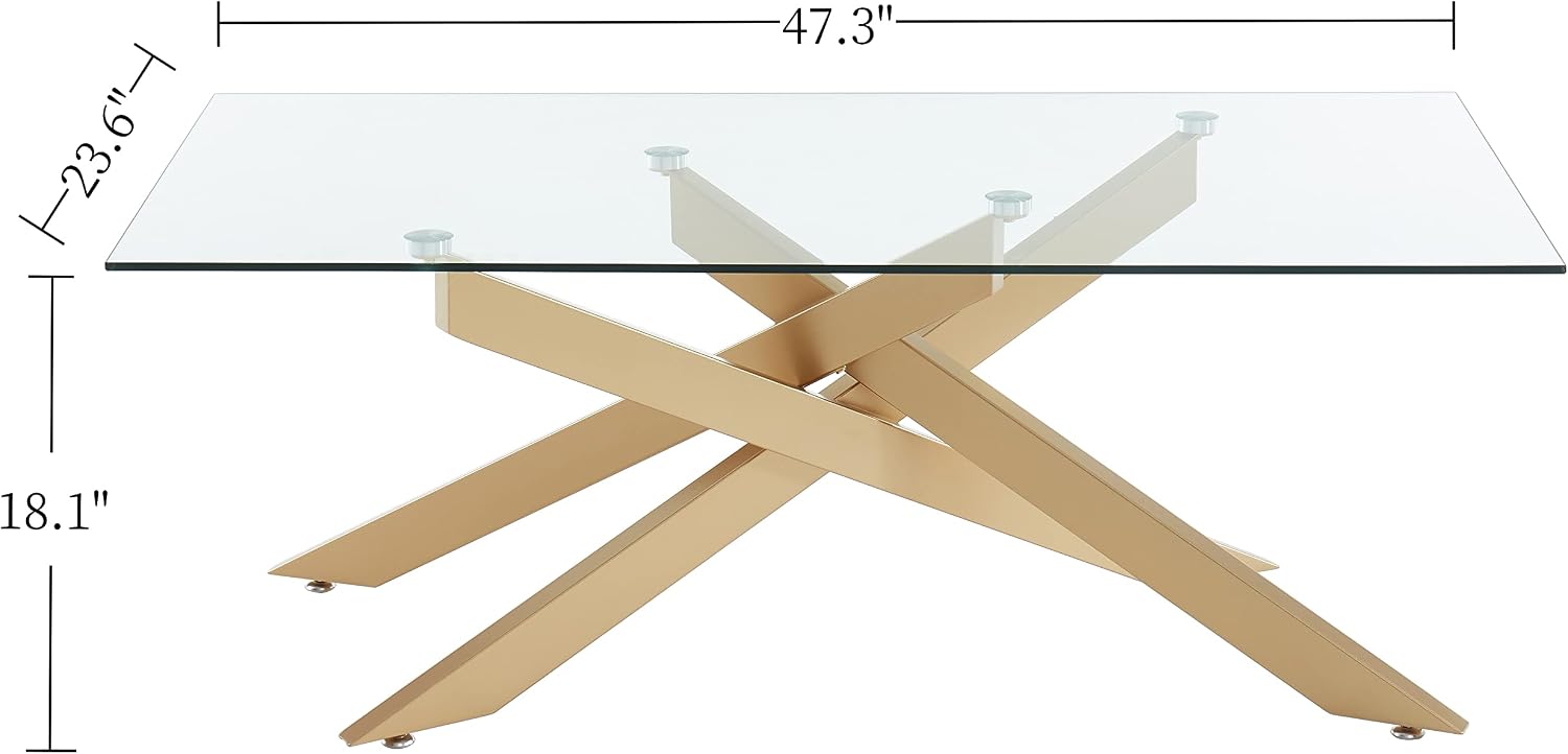 Gold Coffee Table for Living Room, Modern Glass Coffee Table with 47' Tempered Glass Top and Metal Tubular Legs for Small Space, Apartment, Office