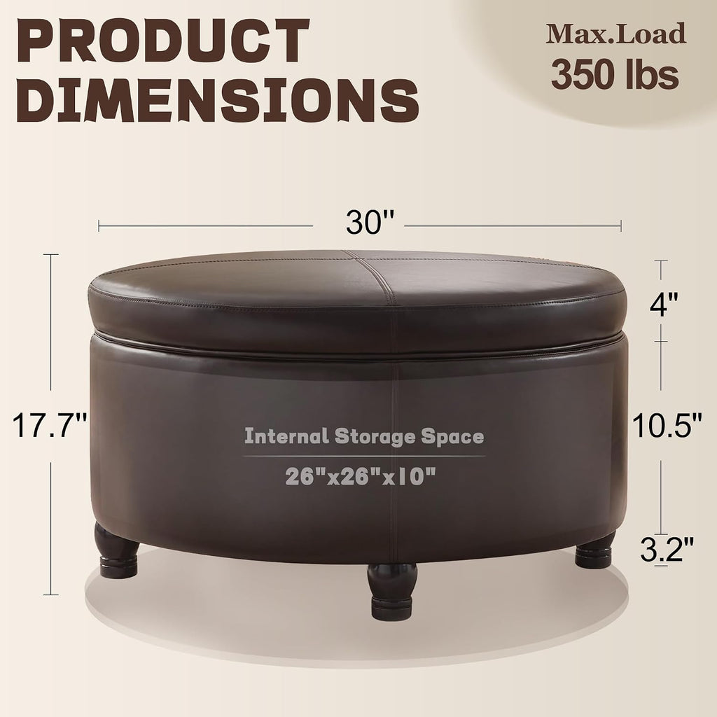 30-Inch Round Storage Ottoman, Modern Ottoman Coffee Table with Removable Top for Living Room, Bedroom, Office (Brown)