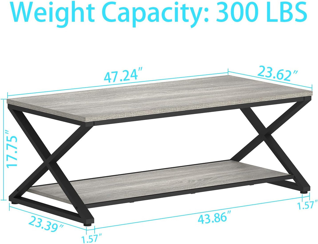 HSH Coffee Table with Storage, Farmhouse Grey Living Room Center Table, Industrial Wood and Metal Rectangle Coffee Tables, Simple Rustic 2 Tie Cocktail Tea Table for Home Office Bedroom, 47 Inch