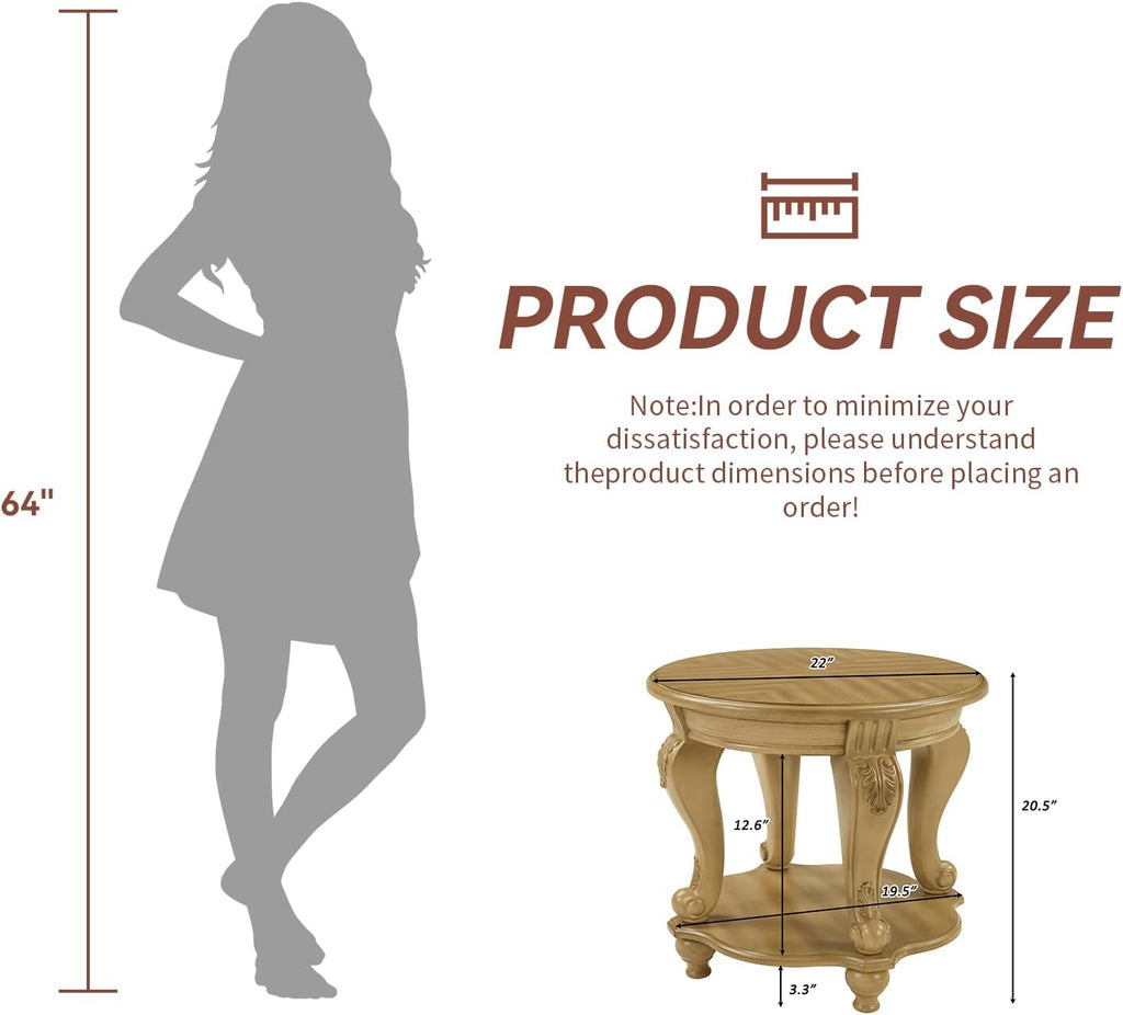LKTART Round End Tables for Living Room, Vintage Side Table for Small Spaces, Victorian Wooden End Table with Carved Wood Legs, Antique Natural
