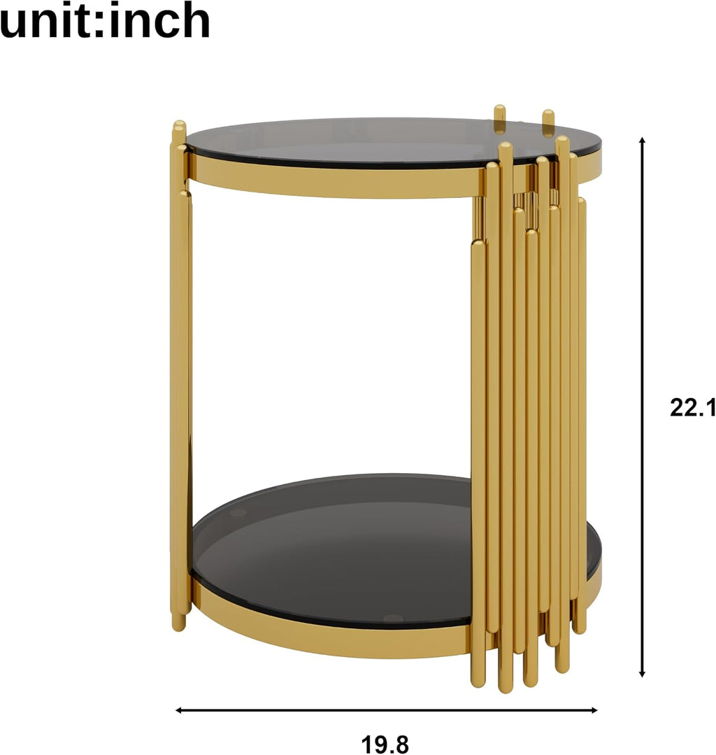 19.8'' Tempered Glass Side Tabel Round End for Living Room, 2-Tier Modern Accent Circle Design, Black Mirror Tabletop & Metal Drum Base, Easy Assembly, Black & Gold