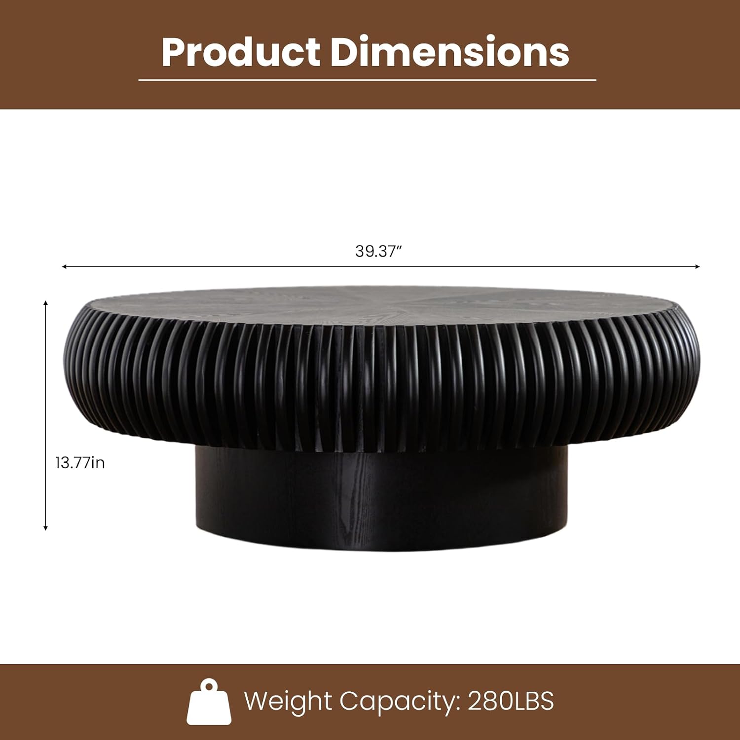 JHKZUDG Round Fluted Coffee Table 39.4'' Wood Drum Coffee Tables Contemporary Circle Accent Center Table Mid Century Side Table for Living Room, Small Space, Apartment (Black, 39.4' Coffee Table)