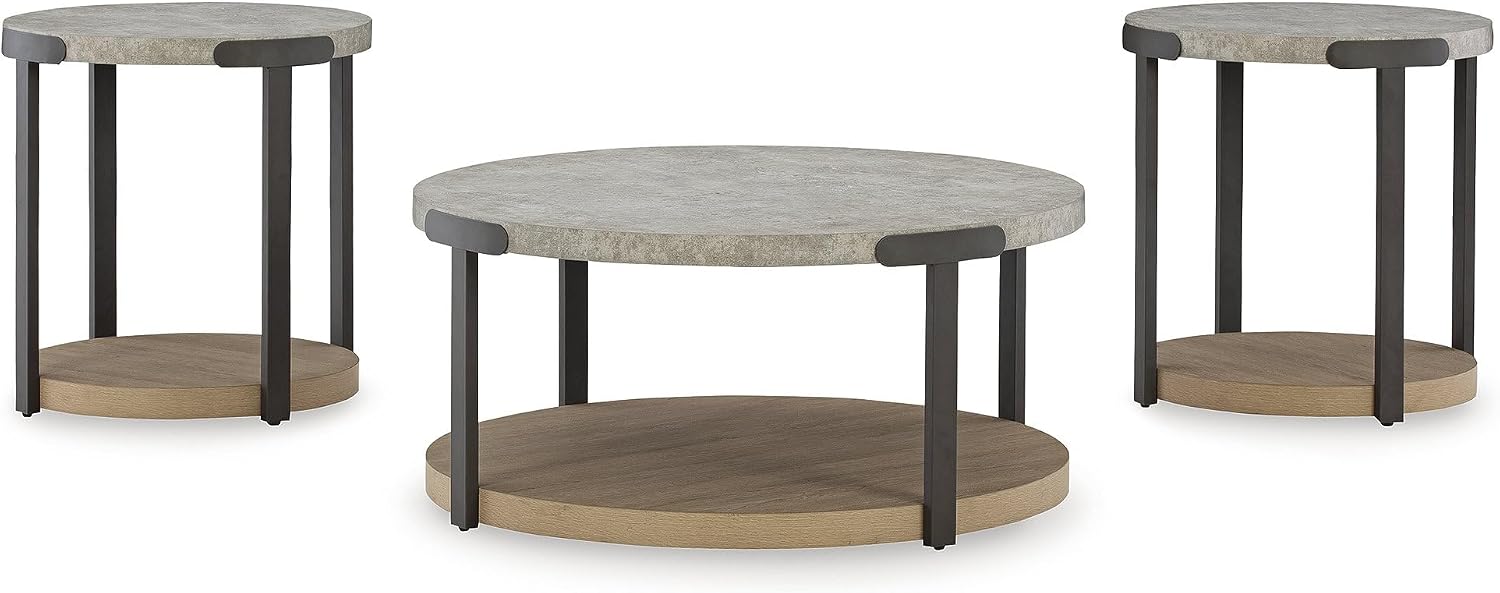 Signature Design by Ashley Darthurst Contemporary Table Set with Lower Shelf and Casters, Set of 3, Light Brown & Metallic