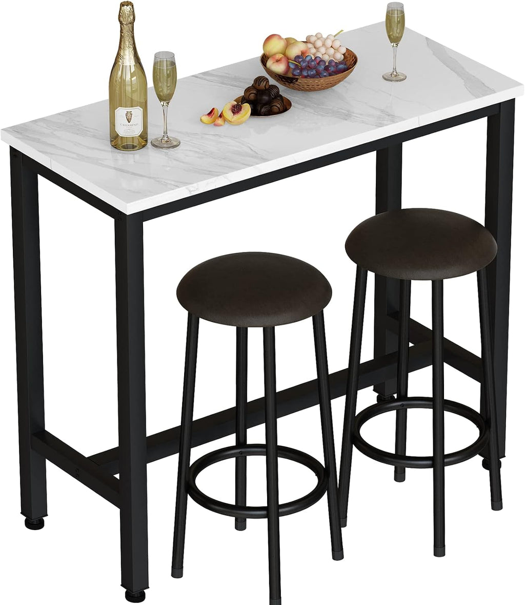 AWQM 39.3' Bar Table Set of 2,Faux Marble Pub Height Table and Chairs Set of 2 with Upholstered Stools,3 Piece Bar Table and Chairs Set Dining Table Set for Living Room,Kitchen,Bar,White & Brown