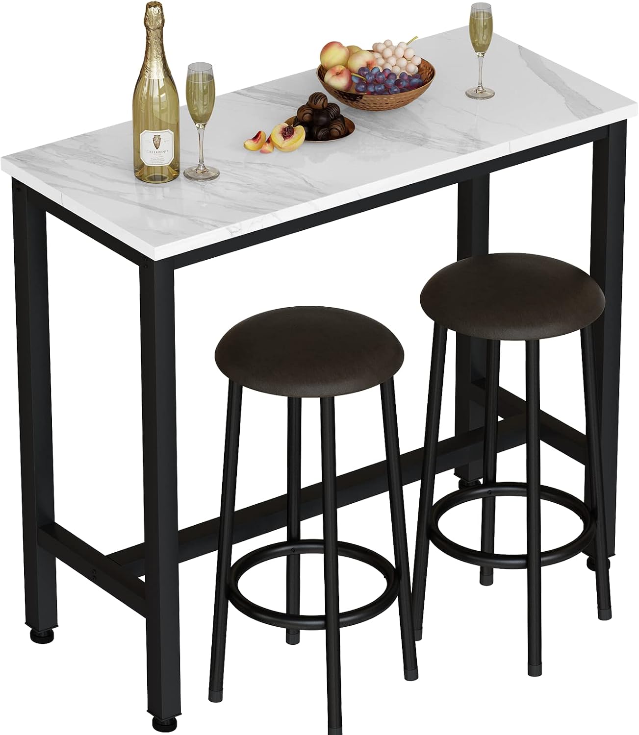 AWQM 39.3' Bar Table Set of 2,Faux Marble Pub Height Table and Chairs Set of 2 with Upholstered Stools,3 Piece Bar Table and Chairs Set Dining Table Set for Living Room,Kitchen,Bar,White & Brown