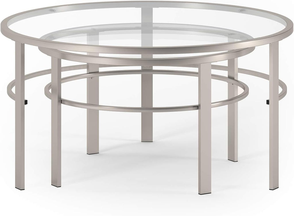 Henn&Hart Round Nested Coffee Table in Satin Nickel, Modern coffee tables for living room, studio apartment essentials, 36' Wide
