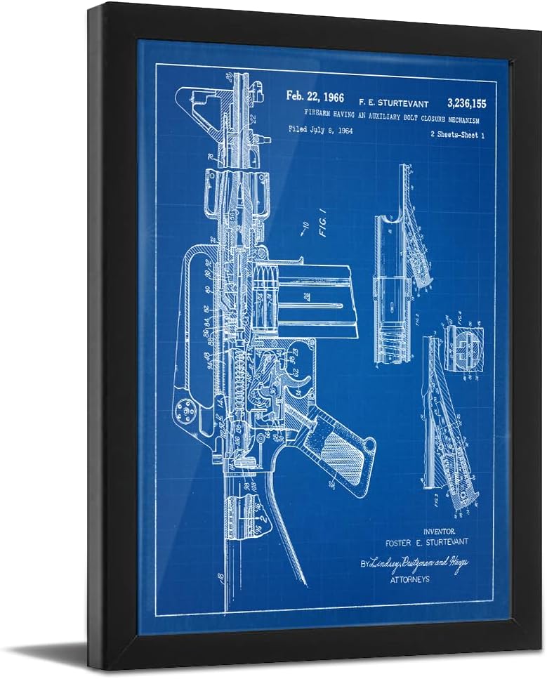 Personal-Prints Firearm Patent Art | Vintage Wall Art, Office, Bedroom Decor | 2nd Amendment & Choice of Unique Gun Art Gifts | USA Made (2 Piece Set, Blueprint, 13'x16' Framed Paper Print)