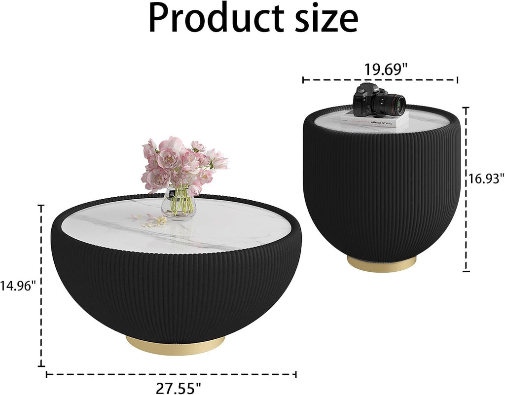 Round Marble Coffee Table Set of 2, 2 Piece Coffee Table and End Table for Living Room Modern Drum Center Table Circle Side Tables for Living Room Bedroom Apartment, No Need Assembly,Black+Black