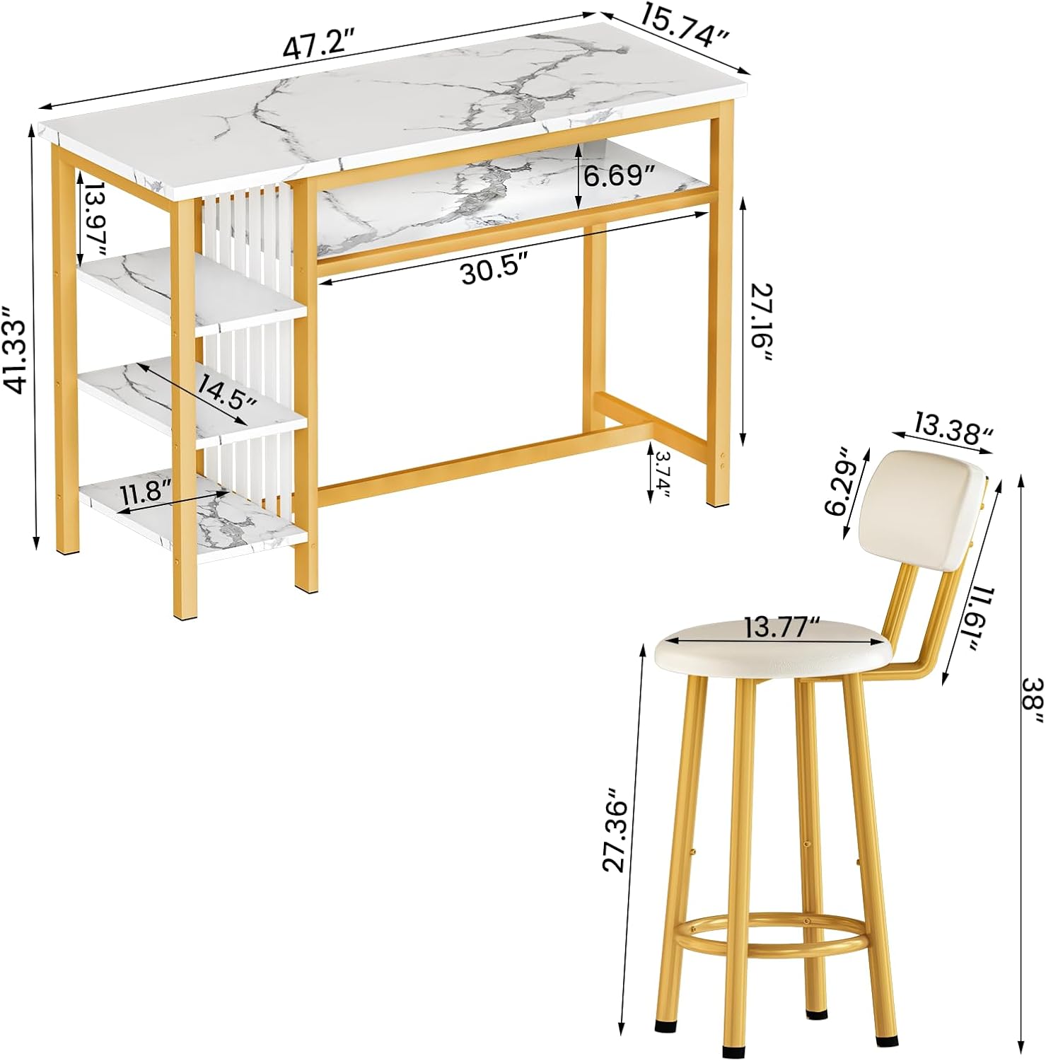 AWQM 3-Piece Bar Table and Chairs Set, Modern White Faux Marble Table with 2 PU Cushion Bar Stools, Kitchen Counter with 3 Tier Storage Shelves, Space Saving Table for Home & Kitchen, White & Gold