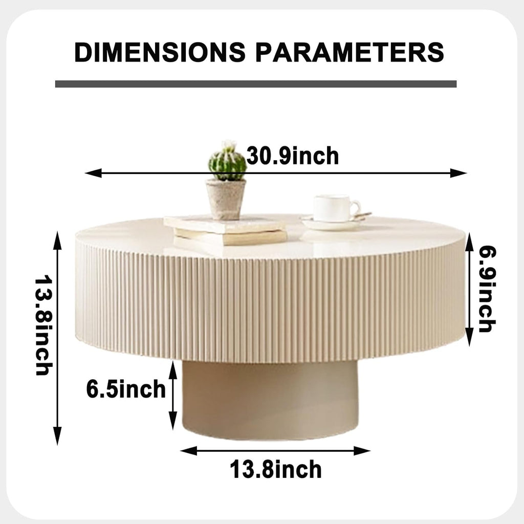 Round Coffee Table, Handcrafted Fluted Drum Coffee Tables Modern Wood Coffee Table Circle Drum Center Table for Living Room, Apartment (White Thick)