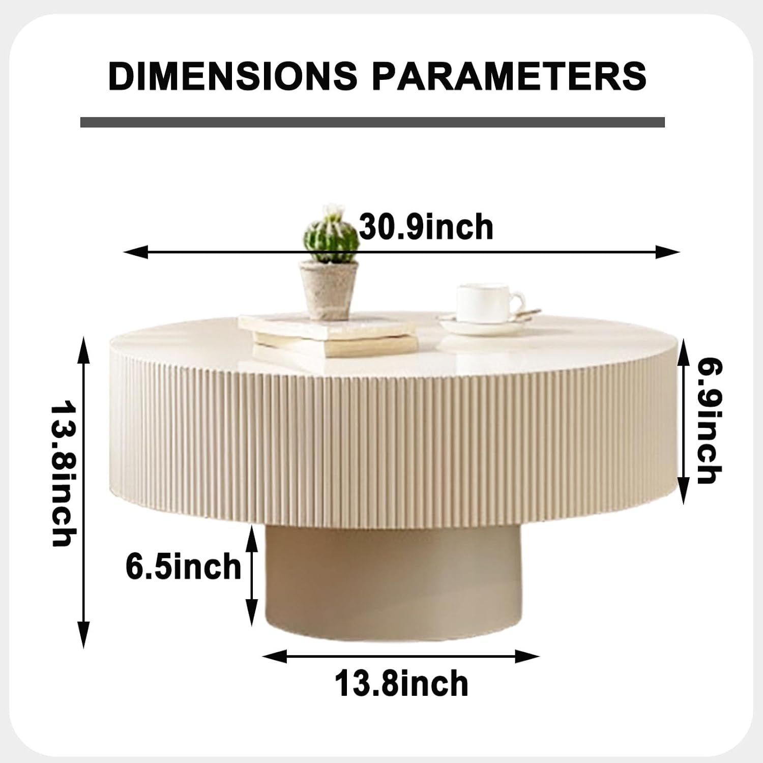 Round Coffee Table, Handcrafted Fluted Drum Coffee Tables Modern Wood Coffee Table Circle Drum Center Table for Living Room, Apartment (White Thick)