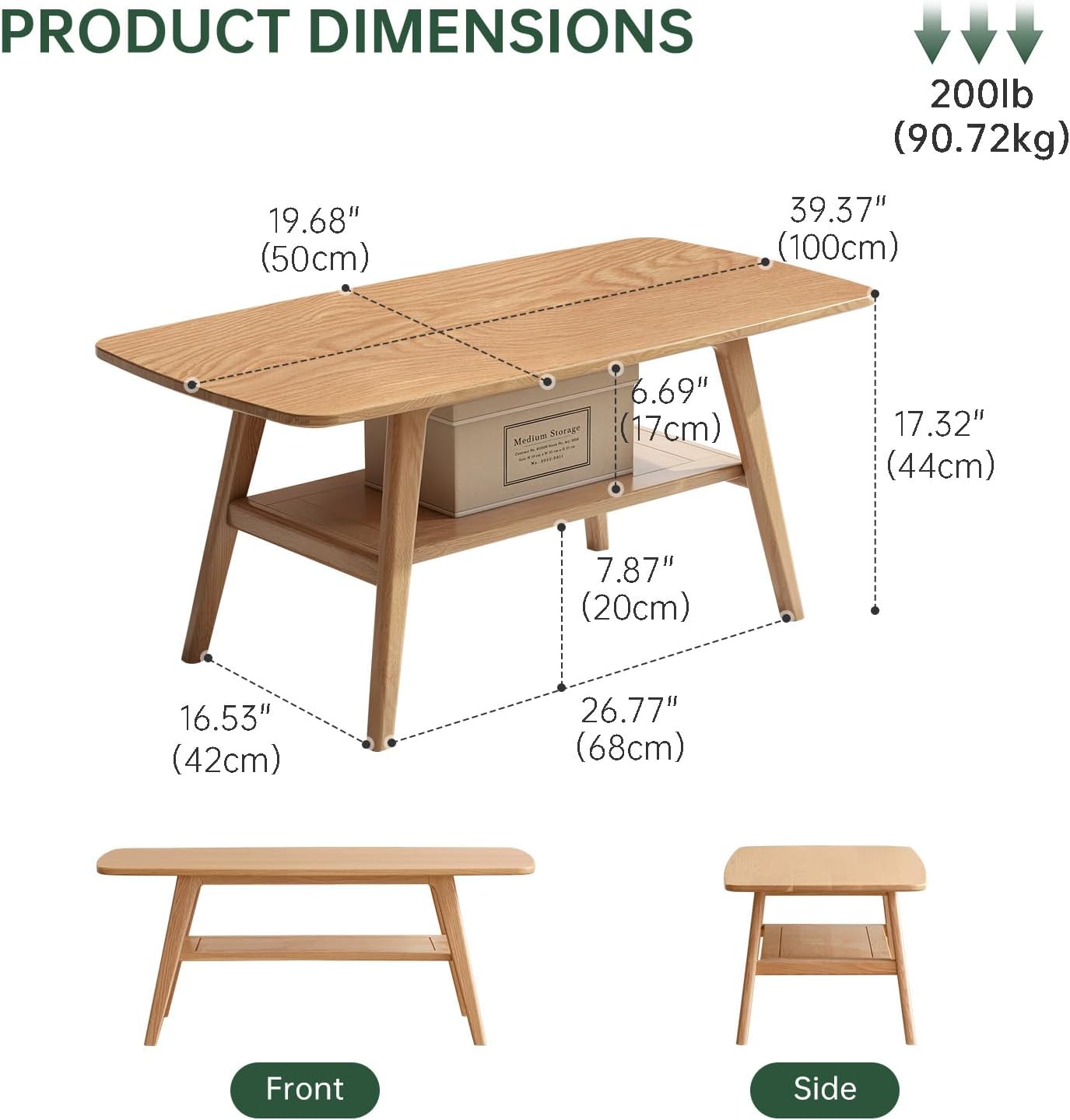 100% Solid Wood Coffee Table for Living Room, 39.37' Mid Century Modern Small Tables with Shelf Storage, 2-Tier Coffee Table with Rounded Corners (Oak Wood Log Color, 39.37' L)