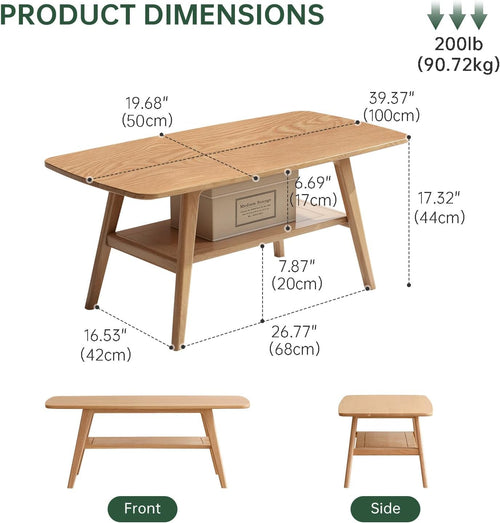 100% Solid Wood Coffee Table for Living Room, 39.37' Mid Century Modern Small Tables with Shelf Storage, 2-Tier Coffee Table with Rounded Corners (Oak Wood Log Color, 39.37' L)