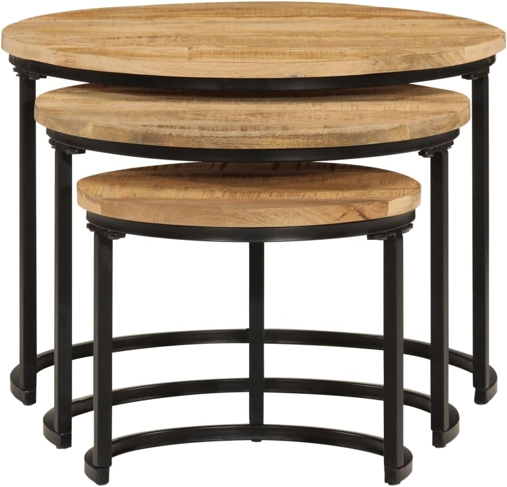 vidaXL Solid Rough Mango Wood Nesting Tables - 3 pcs Set of Round Stacking Coffee Tables with Industrial Design for Living Room, Bedroom, and Office Use