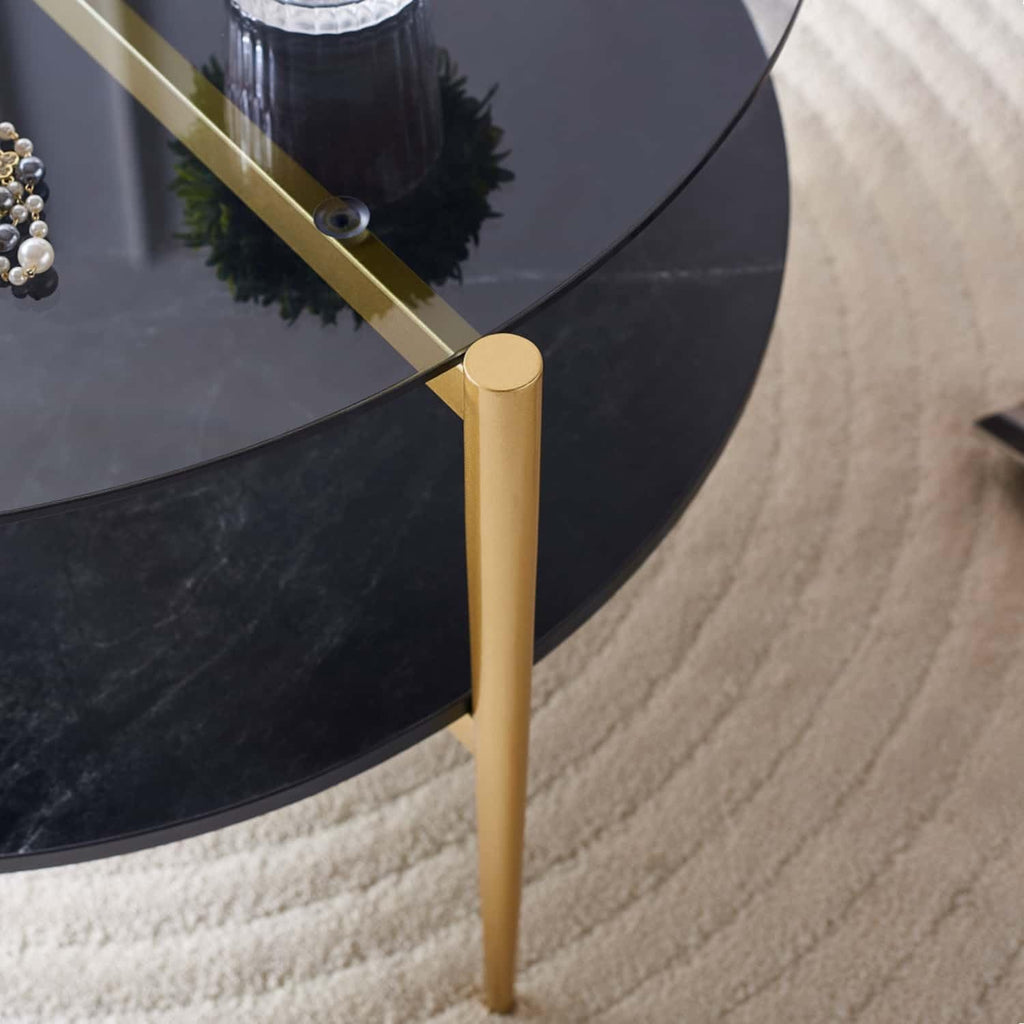 LumFurn Round Coffee Table for Living Room, Mid-Century Modern Design, D30 x H17, 2-Tier Structure, Grey Glass Top and Black Marble Finish Wood Shelf, Sleek Conical Metal Legs with Gold Finish Frame