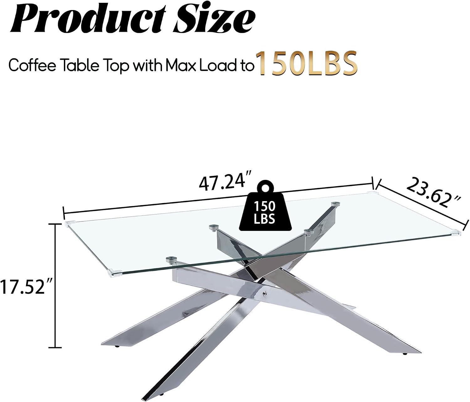 47 Inch Glass Coffee Table, Modern Rectangle Center Table with Clear Tempered Glass Top and Silver Metal Legs for Living Room, Apartment, Office, Easy to Clean