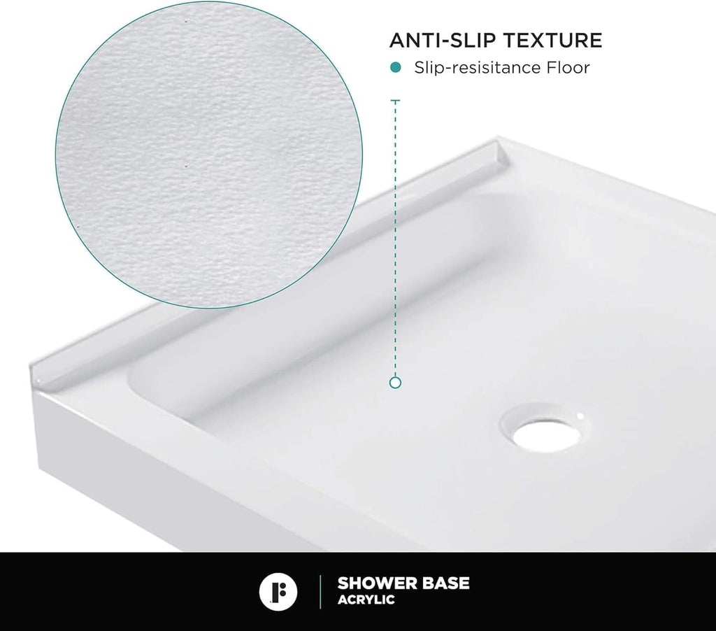 Fine Fixtures 42' x 30' Double Threshold Acrylic Shower Base with Non-Slip Textured Surface Left Hand Flange and Drain - Durable White Shower Floor Pan for Safe, Reliable Bathroom Use