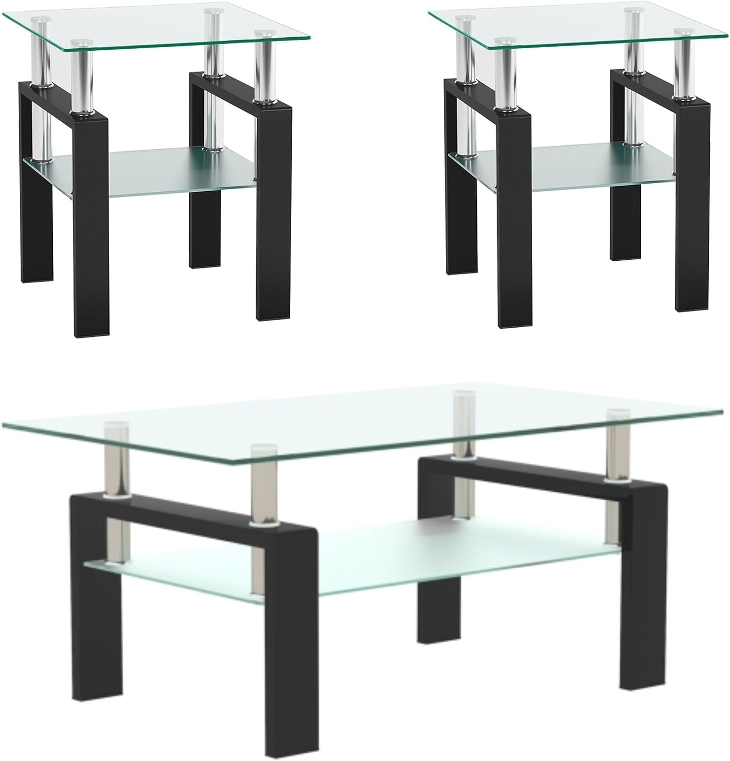 Glass Coffee Table Set of 3, 3-Piece Living Room Tables with Tempered Glass and Metal Frame, Coffee and End Table Sets, Clear