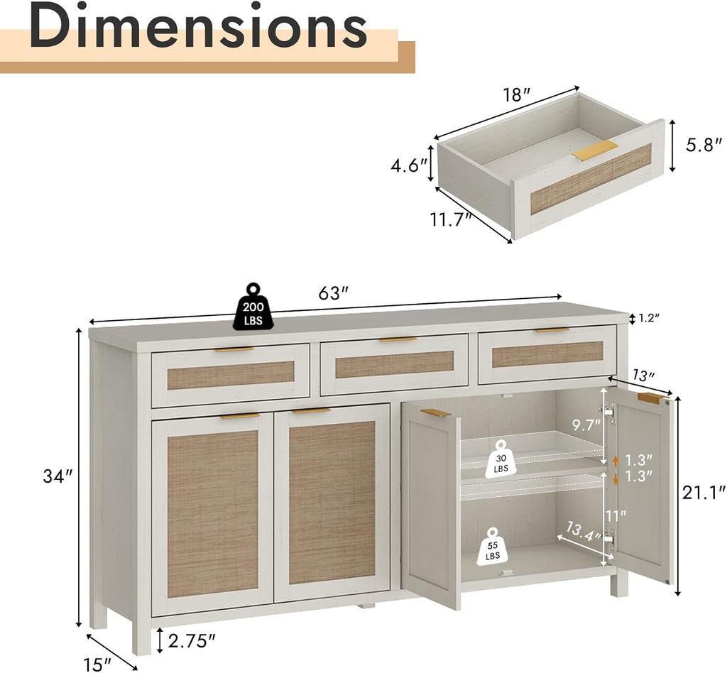HOKYHOKY Rattan Sideboard Buffet Cabinet, Boho Storage Cabinet with Adjustable Shelves, Farmhouse Credenza Coffee Bar Cabinets with 4 Doors & 3 Drawers for Living Room, Hallway & Kitchen