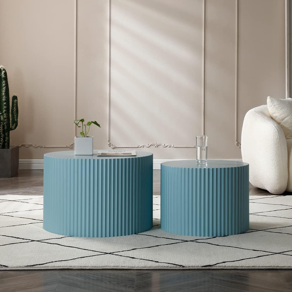 KEVINSPACE Nesting Coffee Table Set of 2, Modern Round Wooden Coffee Tables Luxury Side Table Circle Coffee Table Accent End Table for Living Room Apartment No Installation Required 23.62' Φ Blue