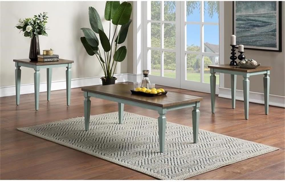 BOWERY HILL Transitional Wood 3-Piece Coffee Table Set, Antique Blue and Oak Finish, MDF and Acacia Wood Tops, Includes Coffee Table and 2 End Tables, Two-Tone Design Living Room Furniture