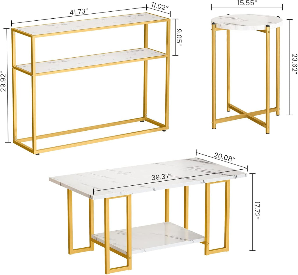 Lamerge 3pcs Living Room Table Set, Faux Marble Coffee Table with Round End Side＆Console Table, Modern White Coffee Table Set with Gold Metal Frame for Home Living Room Office Entryway, Round End