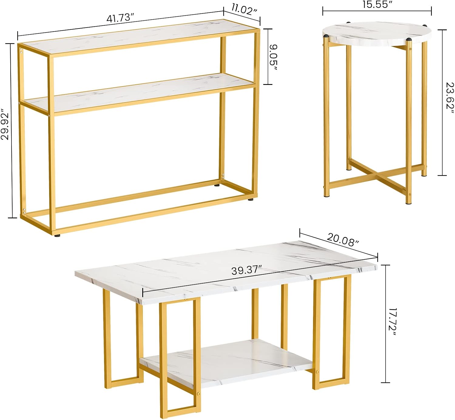 Lamerge 3pcs Living Room Table Set, Faux Marble Coffee Table with Round End Side＆Console Table, Modern White Coffee Table Set with Gold Metal Frame for Home Living Room Office Entryway, Round End
