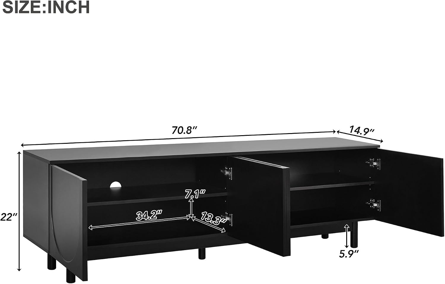 Ball & Cast Modern TV Stand with Arch Cabinets for TVs up to 78', Minimalist Entertainment Center w/Solid Wood Legs and Adjustable Shelves, Media Console for Living Room,Black