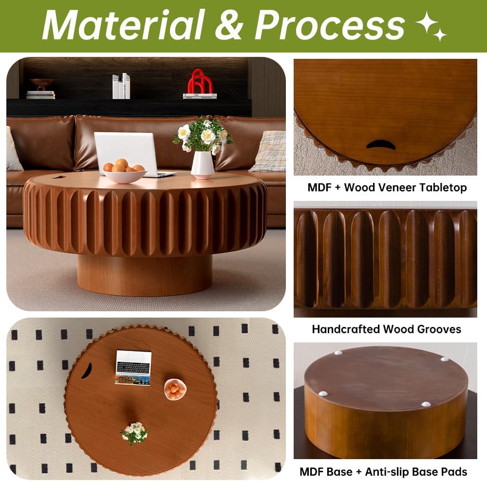 Round Wood Fluted Coffee Table with Storage, 31' Round Fluted Coffee Table with Flip-Top Lid Mid Century Modern Low Circle Drum Coffee Tables for Living Room (Brown, 31 inch)