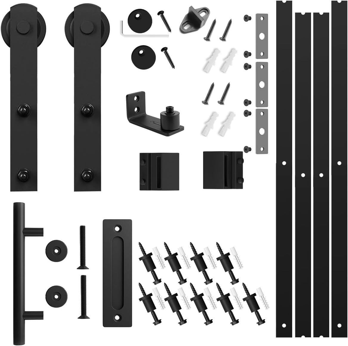 SMARTSTANDARD 12 FT Heavy Duty Sturdy Sliding Barn Door Hardware Kit, Black, (Whole Set Includes 1x Pull Handle Set & 1x Floor Guide) Fit 72' Wide Door Panel (I Shape Hanger)
