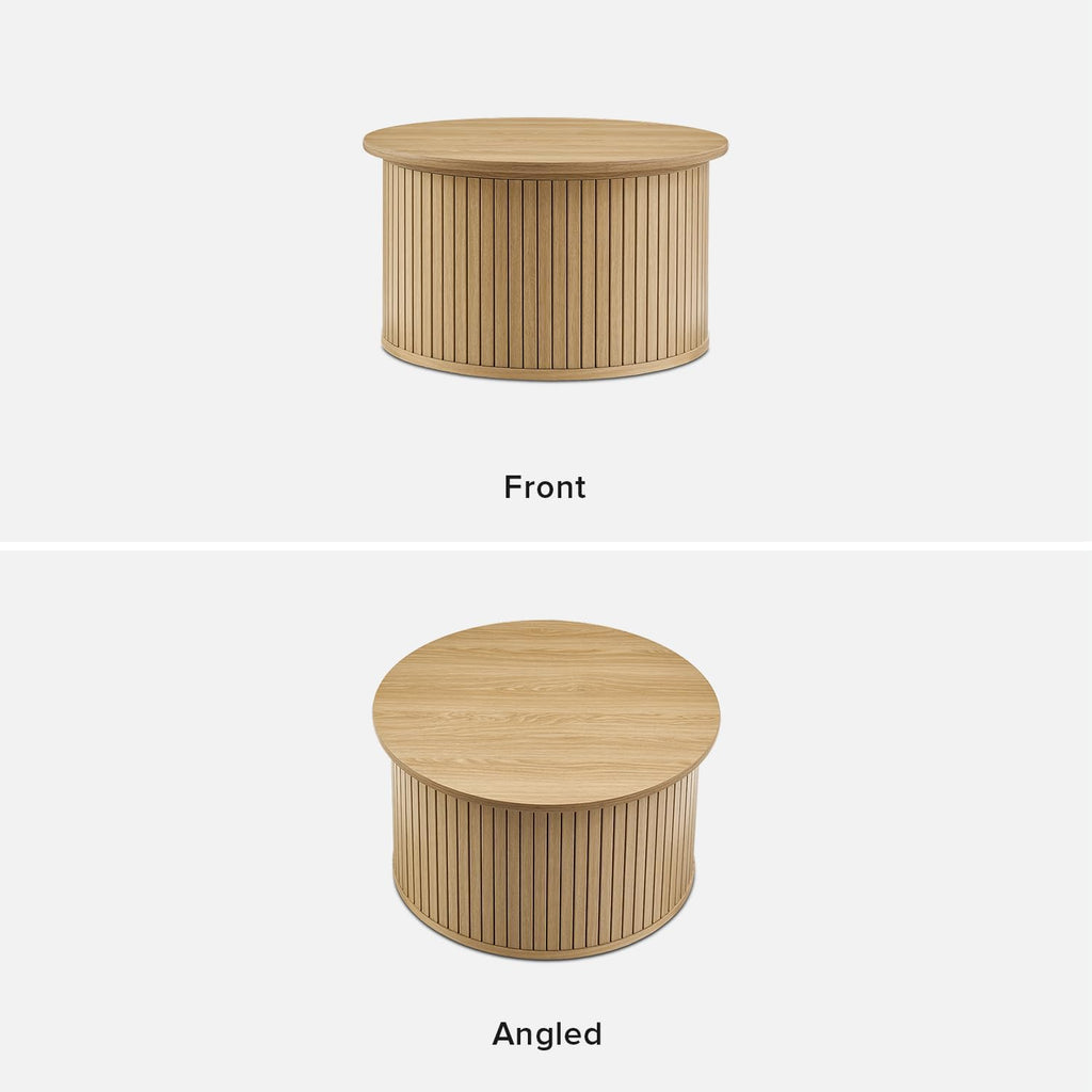 mopio Quin Tambour Round Circle Coffee Table with Storage, Drum Accent, Mid Century Modern, Wood, Fluted Center, Tea Table with Removable Lid, Living Room (Oak)