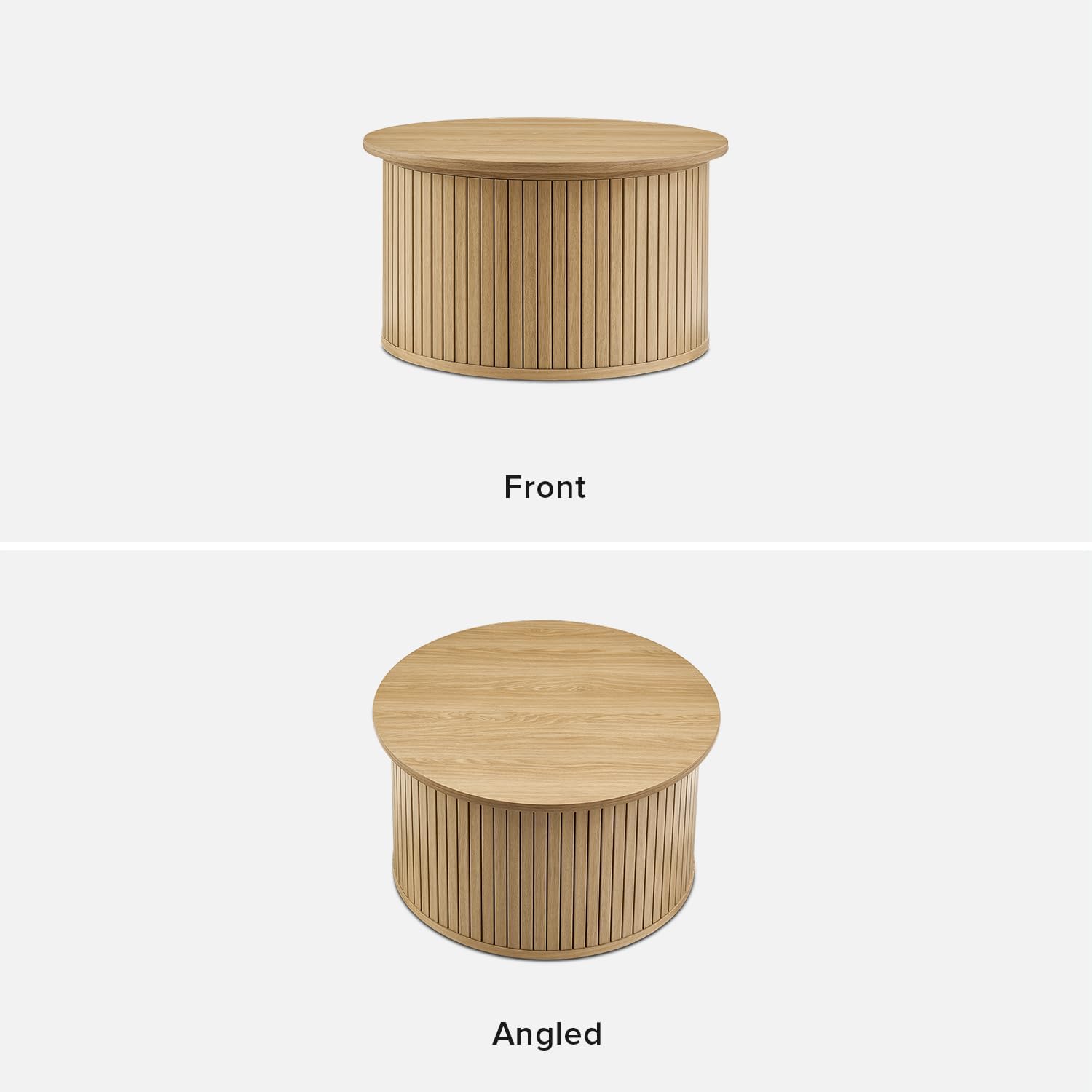 mopio Quin Tambour Round Circle Coffee Table with Storage, Drum Accent, Mid Century Modern, Wood, Fluted Center, Tea Table with Removable Lid, Living Room (Oak)