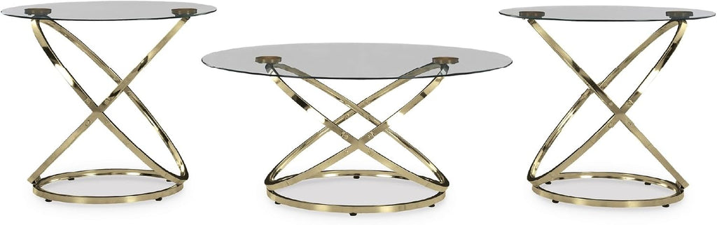 Signature Design by Ashley Crimonti Modern Table with Tempered Glass, Set of 3, Metallic & Clear