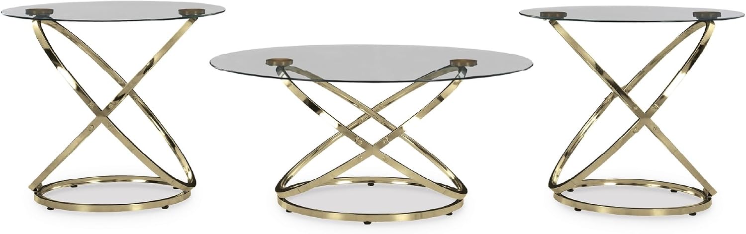 Signature Design by Ashley Crimonti Modern Table with Tempered Glass, Set of 3, Metallic & Clear