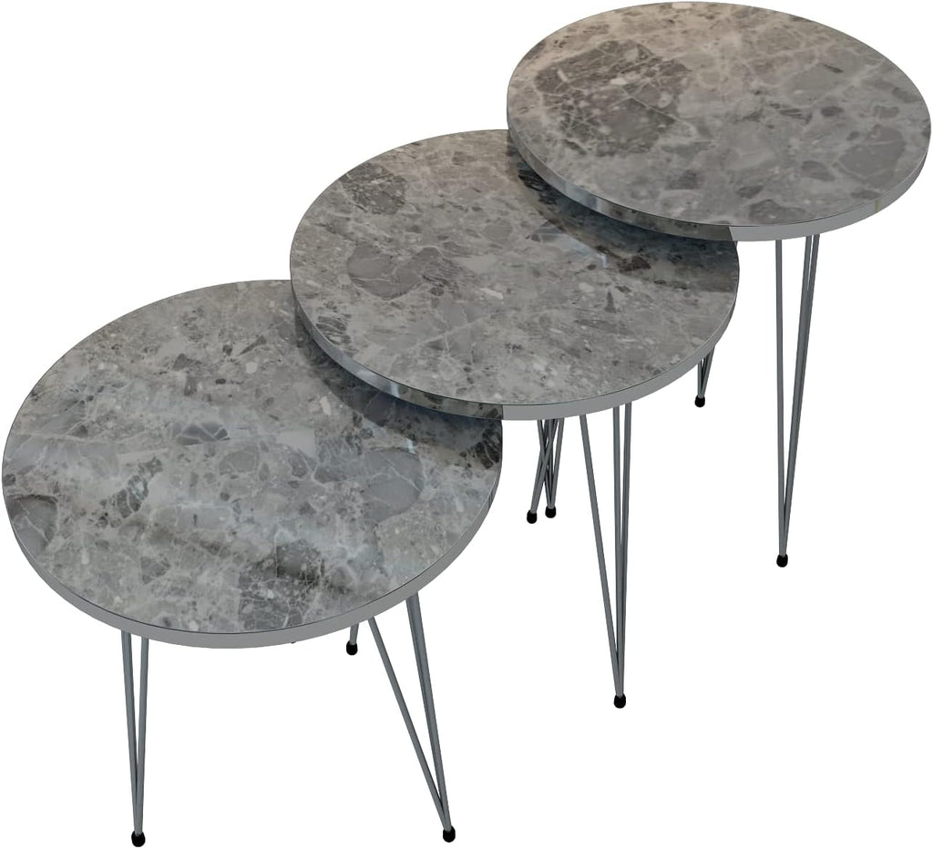 Set of 3 High Gloss Gray Marble Silver Legs Nesting End Tables Round Wood Stacking Coffee Side Accent Table with Metal Legs for Living Room, Home Office, Nightstands for Bedroom