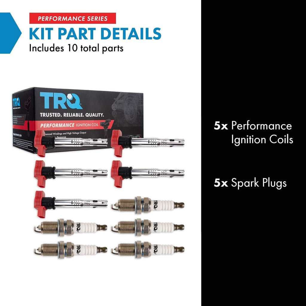 TRQ Ignition Coil and Spark Plug Kit 10 Piece Iridium Spark Plugs Compatible with 2006-2014 Volkswagen Beetle 2010-2014 Golf 2005-2014 Jetta 2012-2014 Passat 2006-2009 Rabbit
