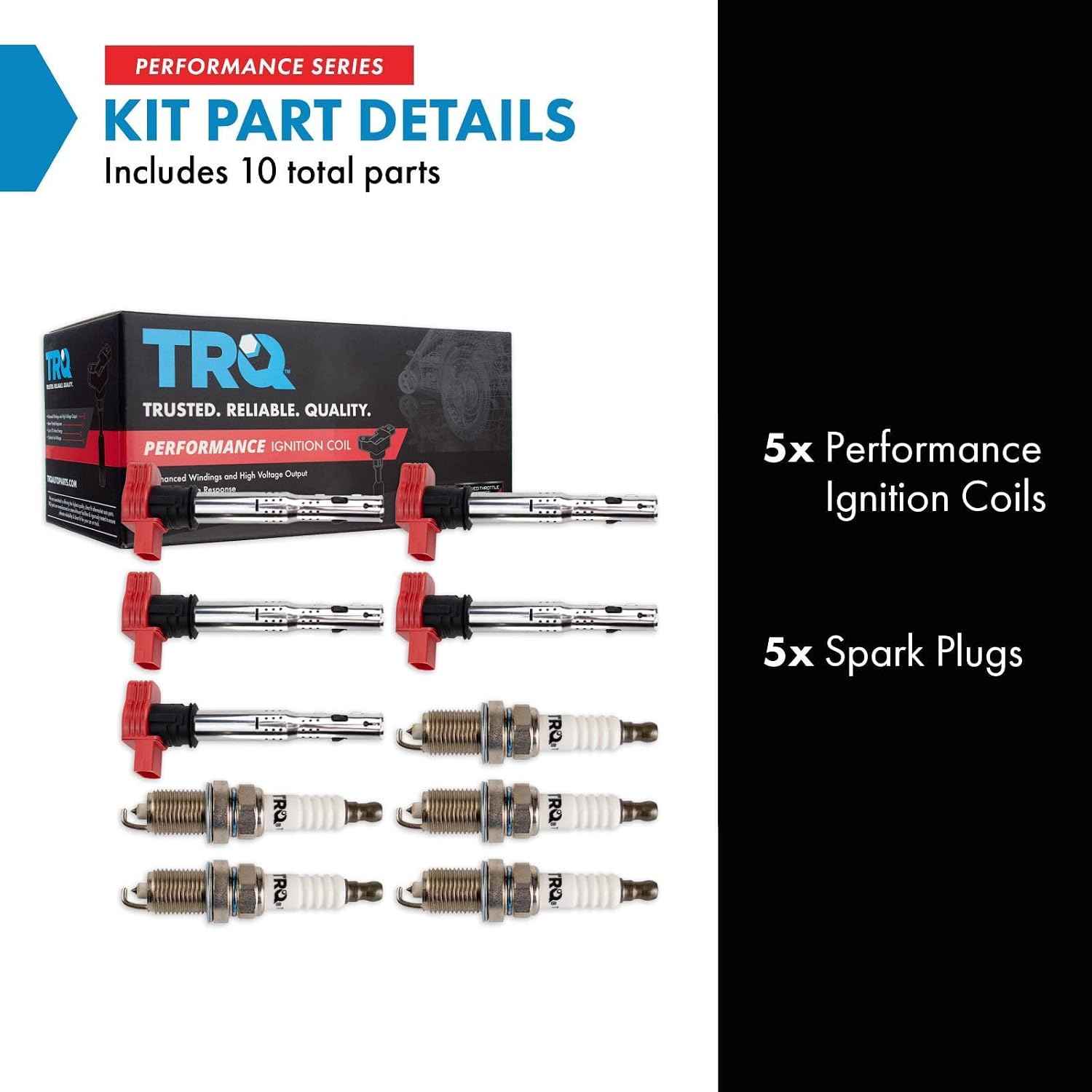 TRQ Ignition Coil and Spark Plug Kit 10 Piece Iridium Spark Plugs Compatible with 2006-2014 Volkswagen Beetle 2010-2014 Golf 2005-2014 Jetta 2012-2014 Passat 2006-2009 Rabbit
