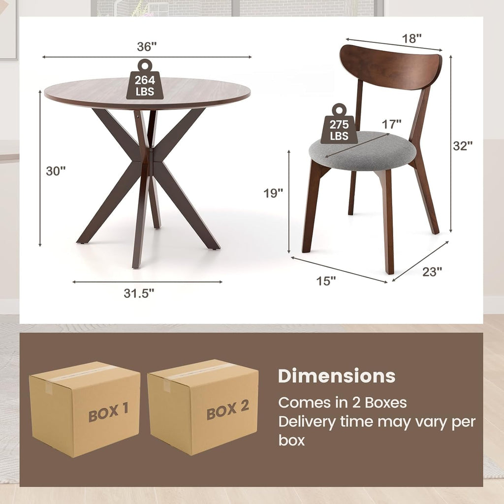 Tangkula Mid-Century Modern Round Dining Table Set for 2, Wooden Kitchen Table & 2 Chairs with Cushioned Seats, Compact 3-Piece Dining Set for Small Spaces, Kitchen, Living Room