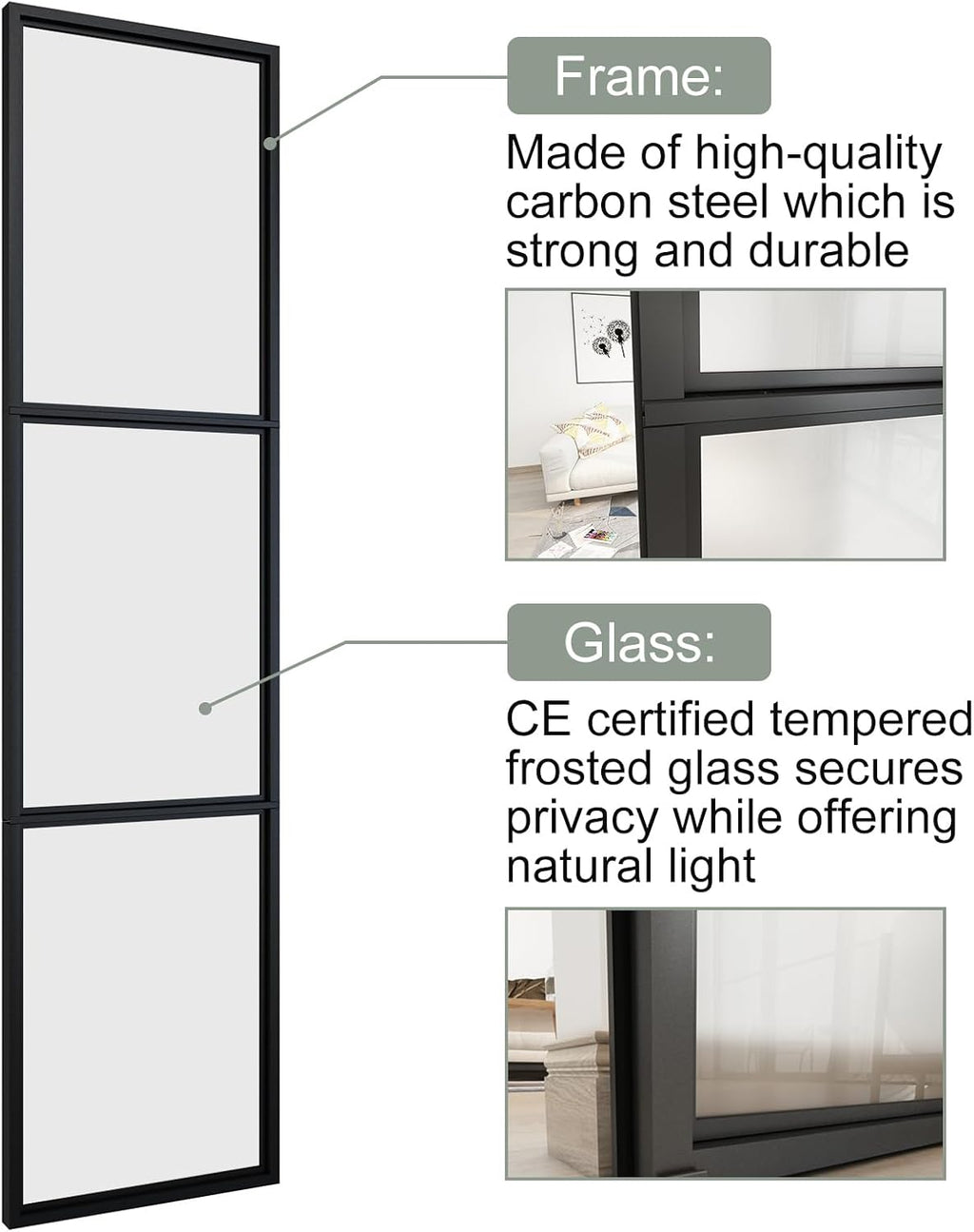 JUBEST 36 x 84 Inch Double Barn Door with 6FT Hardware Kit and Soft Close Mechanism Include, 2 Sets of 18in x 84in 3-Paneled Frosted Glass with Carbon Steel Frame Barn Door, Easy to Install
