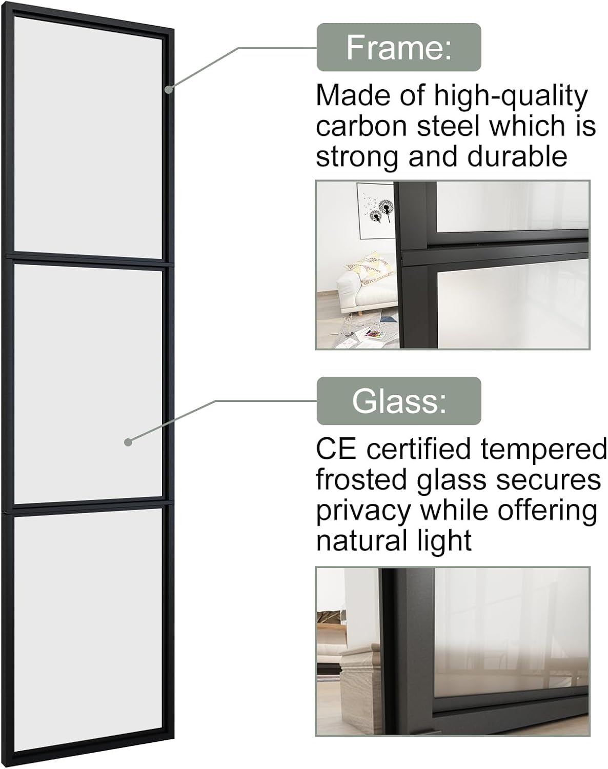 JUBEST 36 x 84 Inch Double Barn Door with 6FT Hardware Kit and Soft Close Mechanism Include, 2 Sets of 18in x 84in 3-Paneled Frosted Glass with Carbon Steel Frame Barn Door, Easy to Install